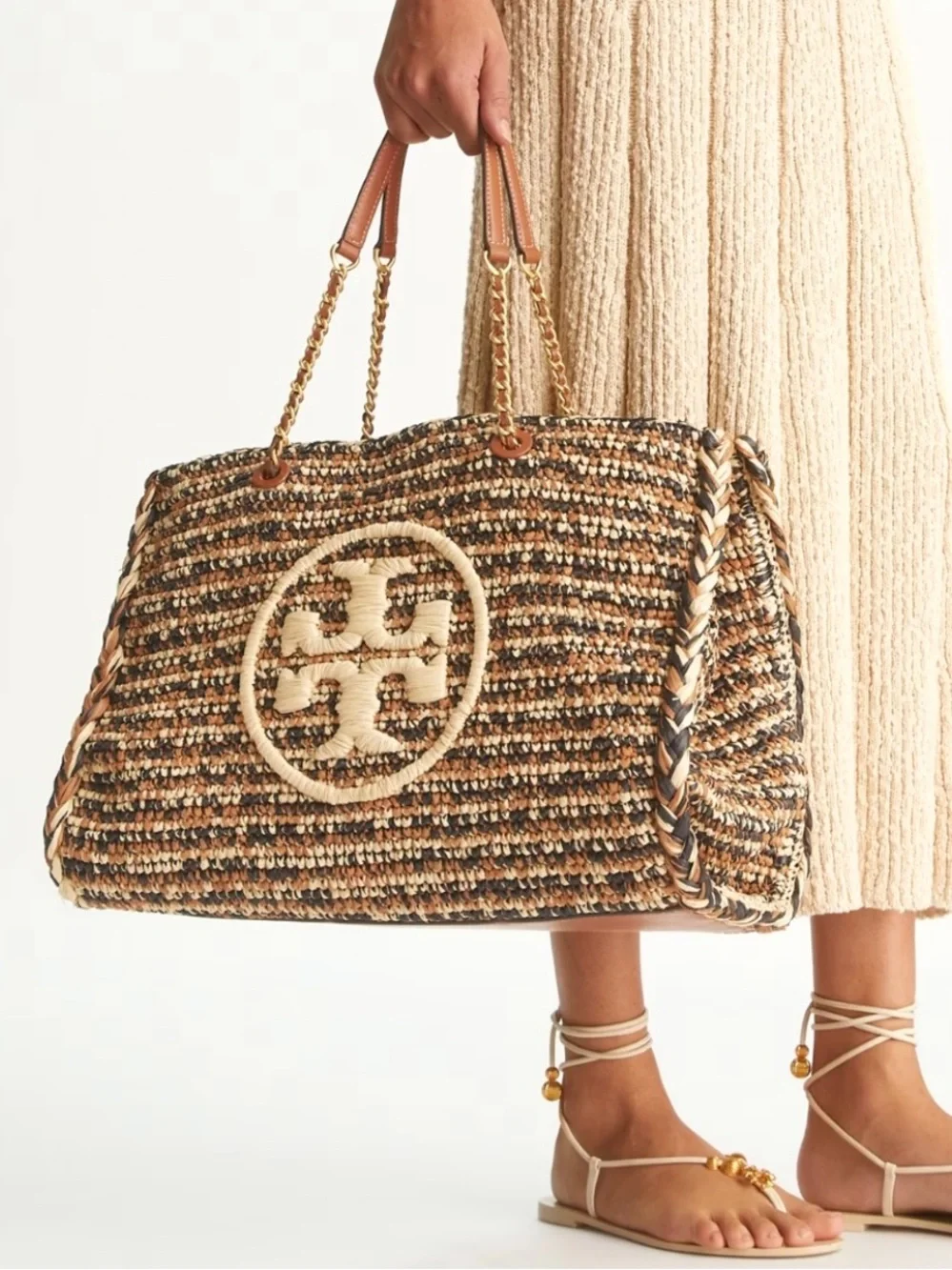 Tory Burch Ella Raffia Chain Large Tote Black Brown Cream
